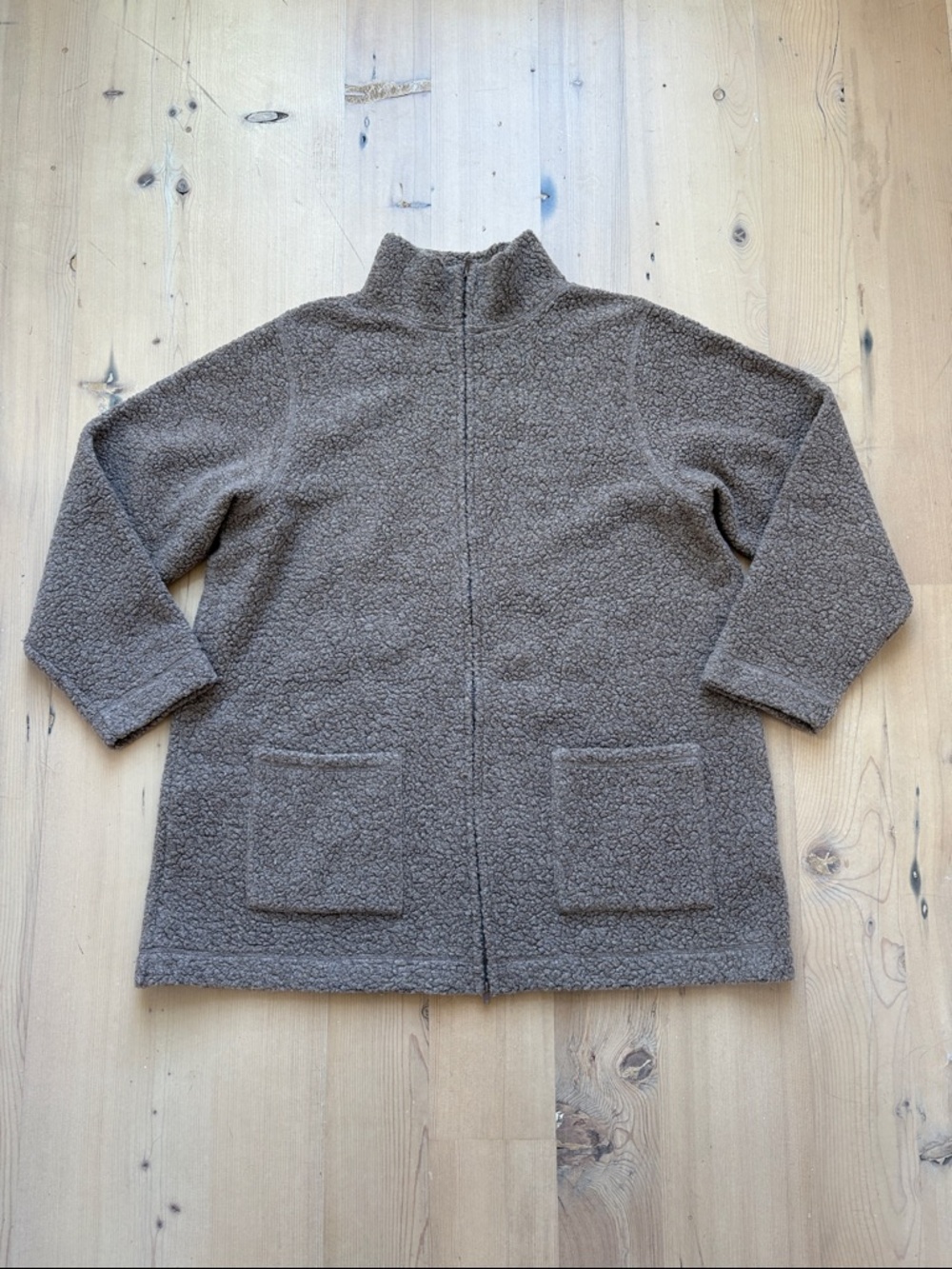 Eileen Fisher Lightweight Wool Blend Tan Zip Front Teddy Jacket - Medium